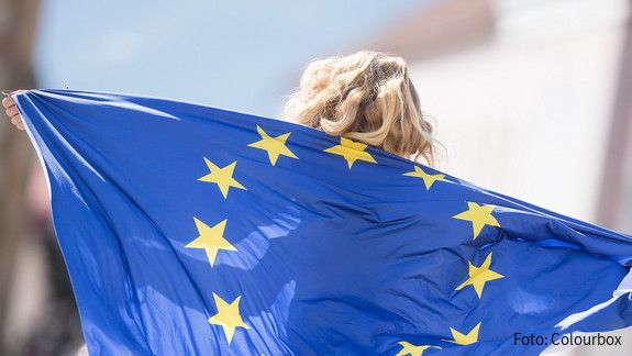 Das Foto zeigt ein Mädchen, das eine EU-Fahne als Umgang nutzt. Die Sterne sind zu erkennen, über dem Rand der Fahne ihre Haare.