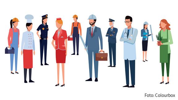 Berufe im öffentlichen Dienst - Liste Foto zum Thema "Liste mit Berufen im öffentlichen Dienst": Zu sehen ist eine grafische Darstellung von Menschen, die verschiedene Berufe repräsentieren, darunter ein Koch, eine Polizistin und ein Arzt.