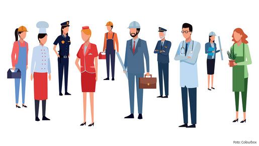 Foto zum Thema "Liste mit Berufen im öffentlichen Dienst": Zu sehen ist eine grafische Darstellung von Menschen, die verschiedene Berufe repräsentieren, darunter ein Koch, eine Polizistin und ein Arzt.